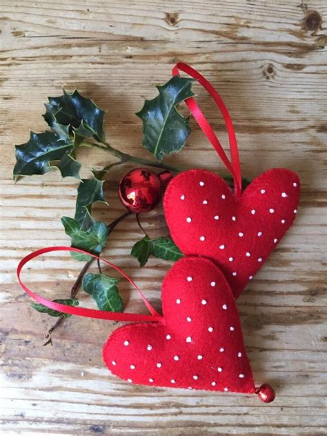 Felt Hanging Hearts Embroidered Decorations A Pair Etsy Hanging