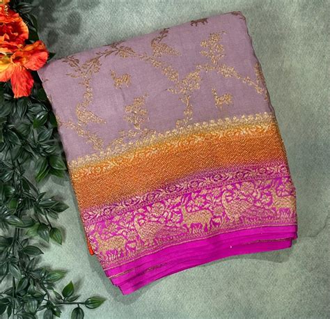 Grey 3D pure banarasi jaal pattern crepe silk-11 saree – House of Raadhvi
