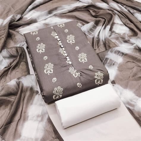 Sophisticated Grey Floral Printed Cotton Blend Dress Material