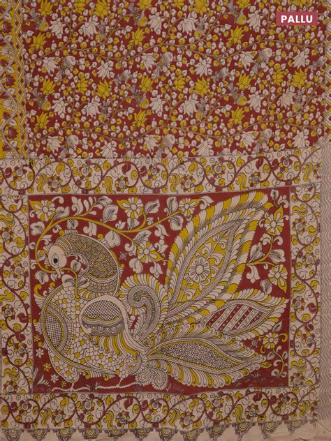 Kalamkari cotton saree maroon and yellow with allover prints and print ...