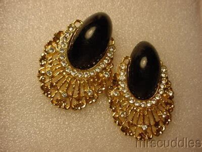 LARGE PAIR OF GOLD COLOR, RHINESTONE NAVY BLUE STONE EARRINGS | eBay