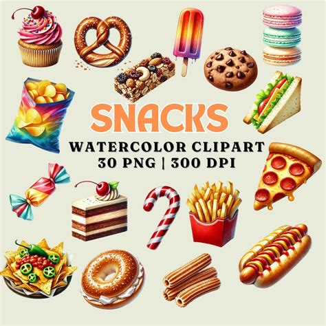 Watercolor Snacks Clipart Bundle 30 PNG Files 300 DPI Digital