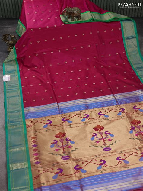 Pure paithani silk saree pink and teal green with zari woven buttas an ...