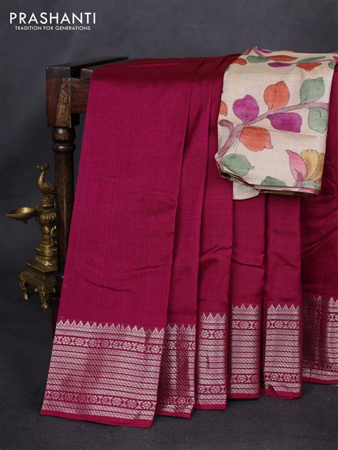 Mangalgiri silk cotton saree dark magenta pink and cream with plain bo ...