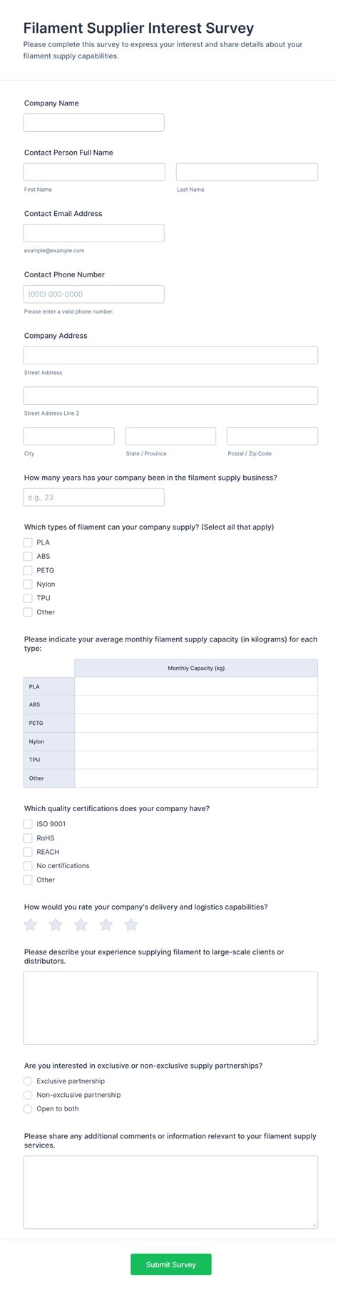 Filament Supplier Interest Survey Form Template | Jotform