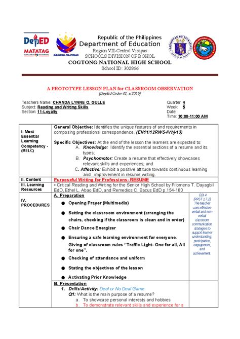Q4 CO Lesson Plan in RWS: Crafting Effective Resumes - Studocu