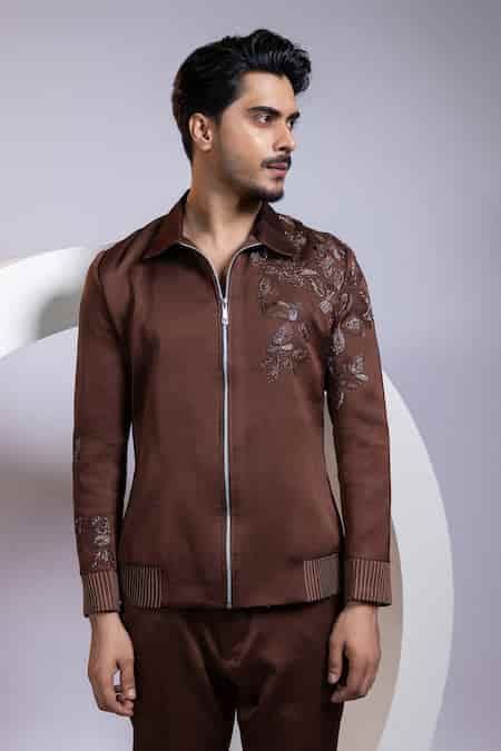 Buy Brown Satin Embroidery, Beads, Applique Cocoa Crest Bomber Jacket ...