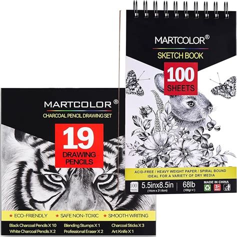 Amazon Com Martcolor Charcoal Drawing Set Pieces Black White Charcoal Pencils And X