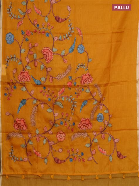 Kota saree mustard yellow with kalamkari applique work and zari woven ...