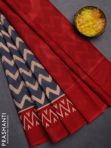 Jaipur cotton saree grey and red with allover zig zag prints and print ...