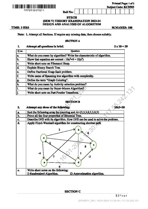 KCS503 BTECH V Sem Theory Exam: Design & Analysis of Algorithms - Studocu