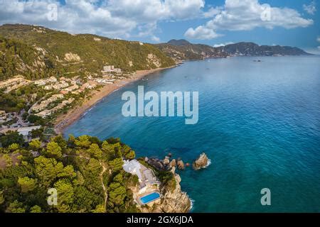 Aerial drone view over western coast and Glyfada beach, Island of Corfu ...
