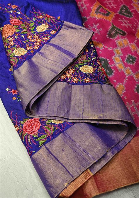 Royal Blue Pure Raw Silk Saree with Floral Embroidery and Ikkat Pallu ...