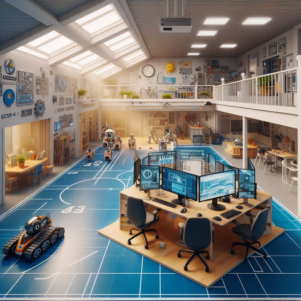 hyper-realistic image of a computer lab inside a shape-shifter house, featuring a computer lab, a robot racing area, an eating space, and school sections