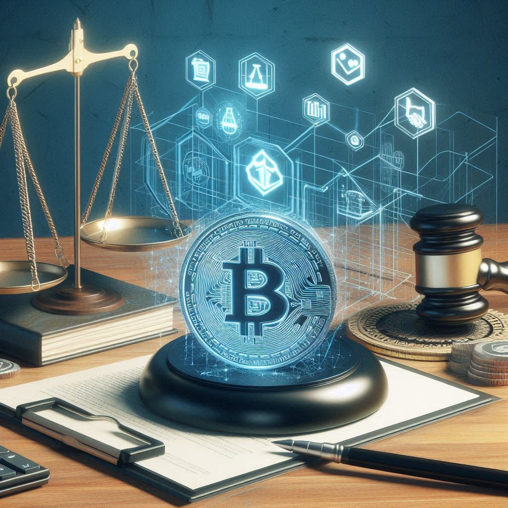 A conceptual illustration of Understanding Business Law Regulations for NFT Transactions. The image features a digital token symbolizing NFTs, scales of justice or a gavel indicating legal oversight, and symbols of blockchain technology, such as a chain or computer. It could also include symbols of financial planning and digital transactions, such as a payment gateway or cryptocurrency.