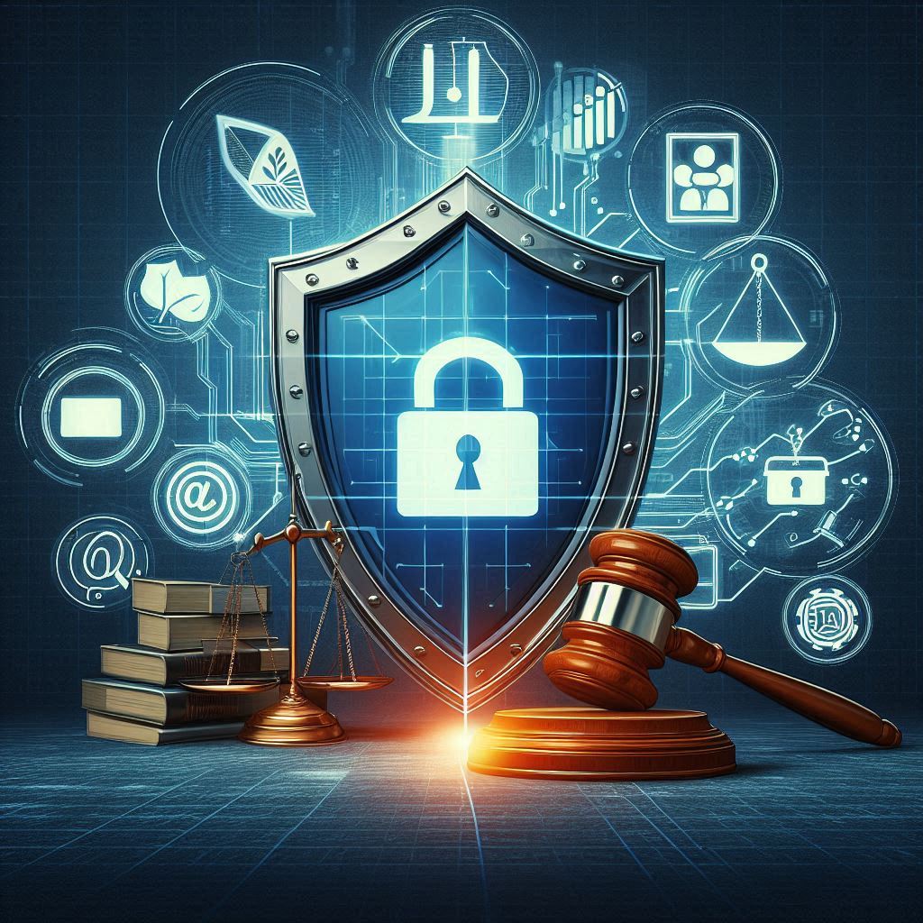 A conceptual illustration of Preventing Brand Identity Theft: Legal Safeguards for Businesses. The image features a shield symbolizing protection, a brand logo representing identity, and scales of justice or a gavel indicating legal oversight. It could also include symbols of digital security and intellectual property, such as a lock or copyright symbol.