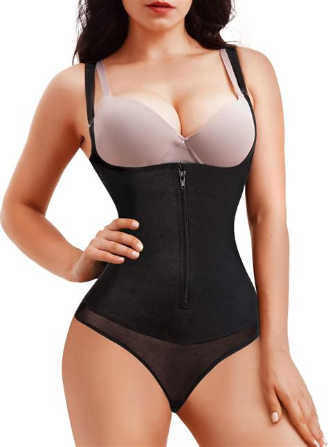 Nebility Women Latex Waist Trainer Bodysuit Slim Zipper And Hook Shapewear Open Bust Corset At