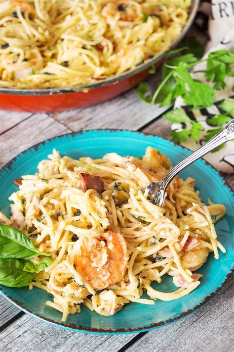 Cut the chicken into pieces and sauté in a pan with a little oil until golden brown. This Chicken and Shrimp Carbonara is an example of a ...