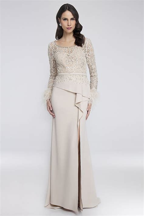 Long Sleeve Mother Of The Bride Formal Gown Beaded Lace Gown With Feather Trimmed Sleeves For