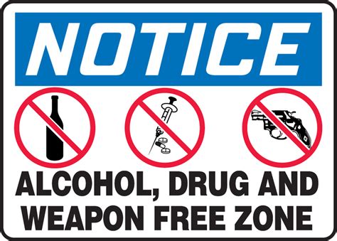 Alcohol Drug And Weapon Free Zone Osha Notice Safety Sign Madm899