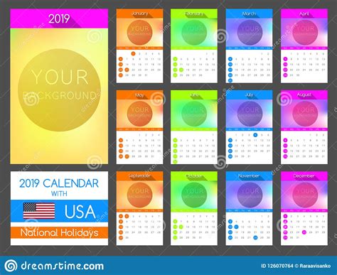Flat Calendar Design 2019 With Usa National Holiday Stock Vector