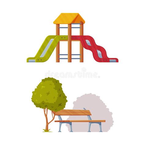 Colorful Wooden Slide With Ladder And Bench On Playground Vector