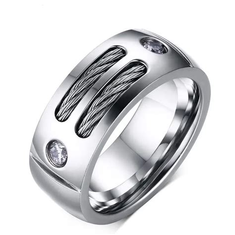 Stainless Steel Mens Twisted Classic Cable Rings With Cz Stones Unique