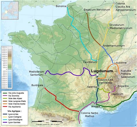 Carte topographique représentant les principales voies romaines
