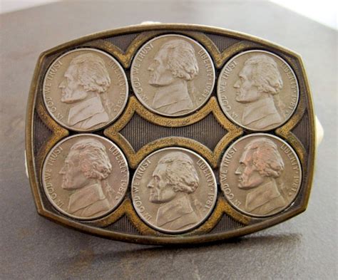 Vintage Brass Coin Belt Buckle Jefferson Nickels