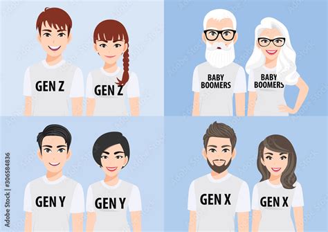Cartoon Character With Generations Concept Baby Boomers Generation X Generation Y Or