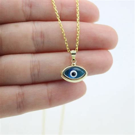 14K Gold Pendant Necklace Woman Turkish Blue Evil Eye Amulet Charm