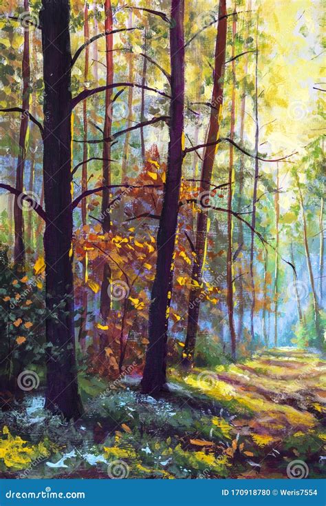 Oil Painting Autumn Forest Scenery With Rays Of Warm Light Illumining
