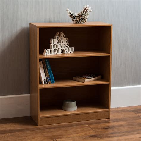 Oak 3 Tier Low Bookcase Lounge Furniture Wooden Bookcase
