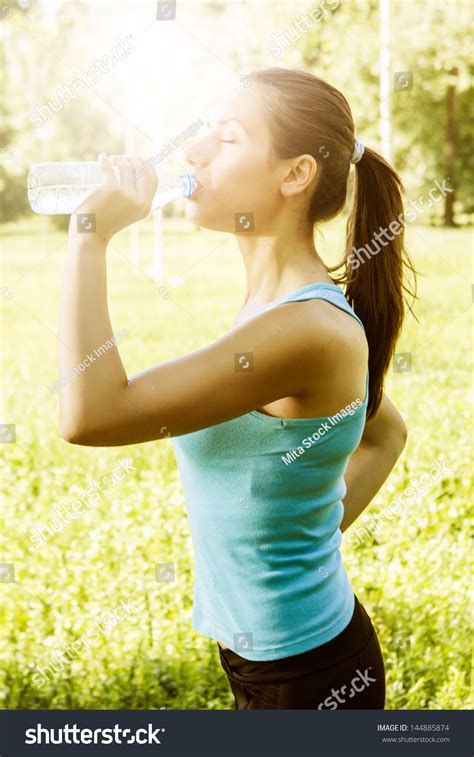 Fitness Girl Refreshment Drinking Water Park Stock Photo 144885874