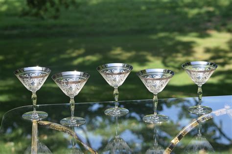 vintage crystal platinum encrusted rim needle etched cocktail glasses set of 5 circa 1920 s