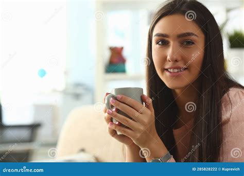 Portrait Of Smiling Girl With Cup Of Coffee Or Tea Stock Photo Image
