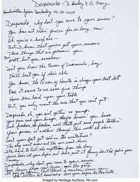 Don Henley Handwritten Desperado Lyrics Miscellaneous Lot 40