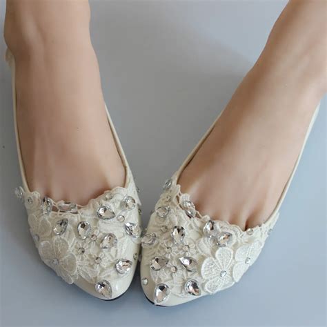 Handmade Wedding Shoes Flat White Rhinestone Lace Flower Bridal Shoes
