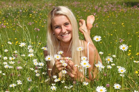 Happy Young Woman On A Flower Meadow Stock Image Image Of Laughing