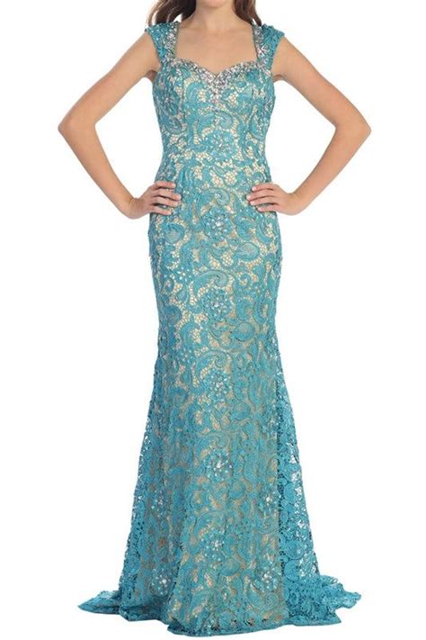 Long Blue Lace Overlay Prom Dress With Bling Detail Trendy Unique