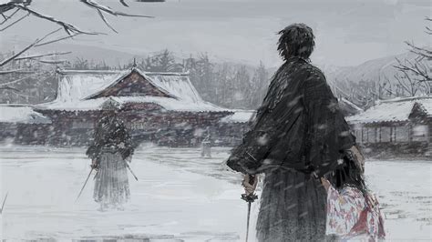 Digital Art Samurai Snow Building Duel Trees Wallpaper Resolution