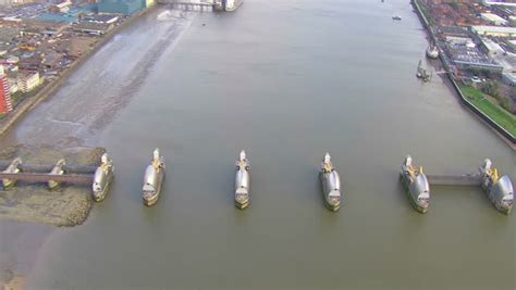 Aerial View Above Londons Thames Barrier A Flooding Defence System