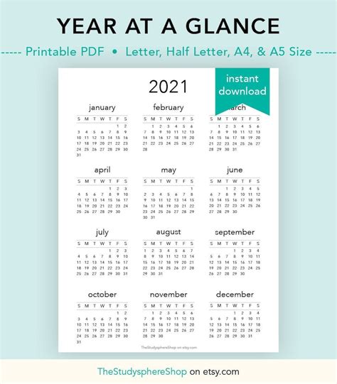 2021 Year At A Glance 2021 Calendar Yearly Overview Yearly Etsy Australia