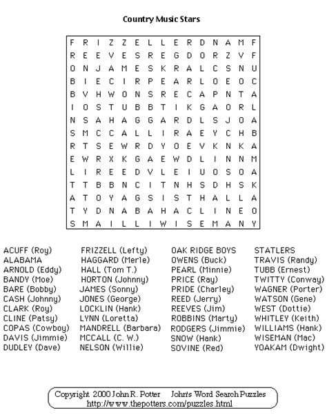 Johns Word Search Puzzles Country Music Stars