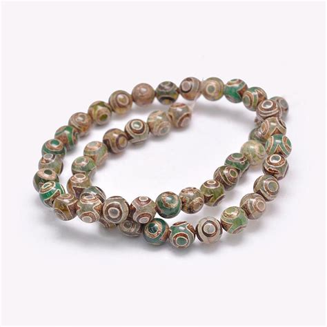 Brown Green Natural Tibetan Dzi Agate Gemstone Round Beads Sold By 15