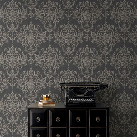 Victorian Damask Wallpaper In Black And Gold From The