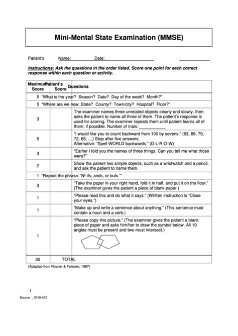 Mini Mental Status Exam Form Printable Printable Forms Free Online