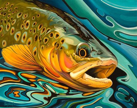 Trout Fly Fishing Brown Trout Oil Painting By Naushad Arts
