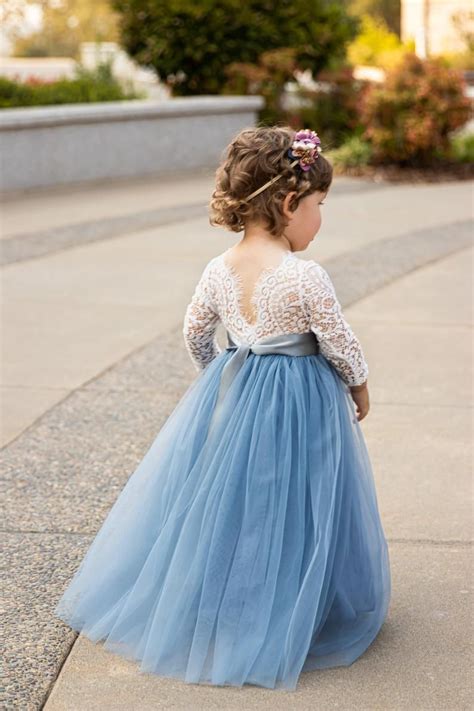 Full Length Dusty Blue Tulle Lace Top Scalloped Edges Back Party Flower