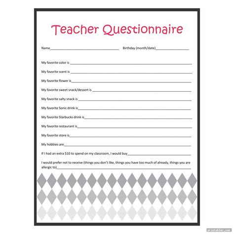Teacher Favorite Things Questionnaire Printable
